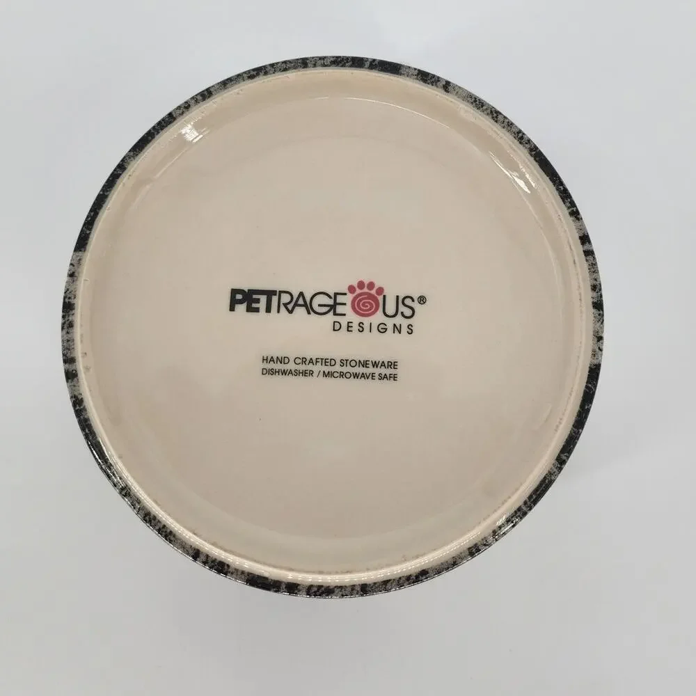 Stoneware Dog Water Dish – Black & Cream with Bone Design
